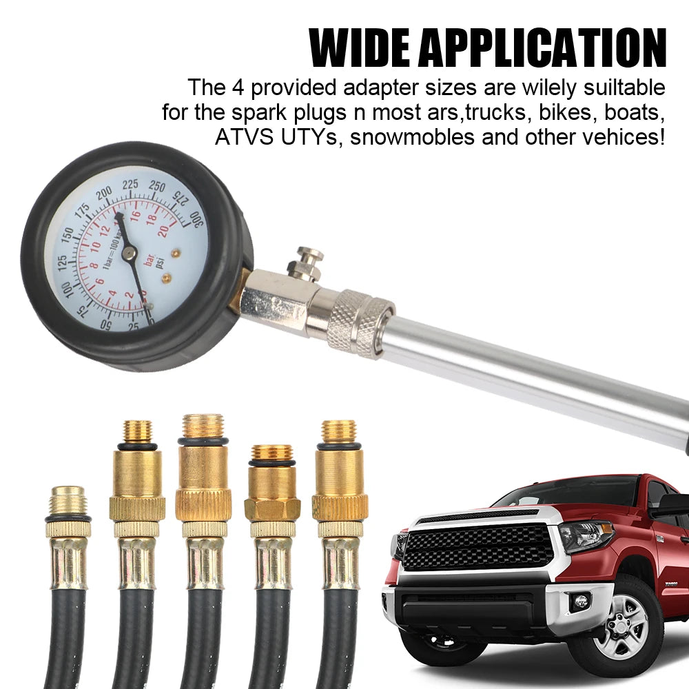 Gasoline Engine Compression Meter - 0-300 PSI Pressure Gauge Automotive Cylinder Tester Kit with M10 M12 M14 M18 Adapters