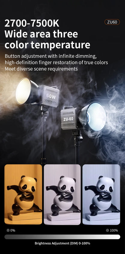 60W COB Video Light - CRI≥90, TLCI≥97, Dual Color Temperature 2700K-6500K, Portable Mini Bowens Live Lighting