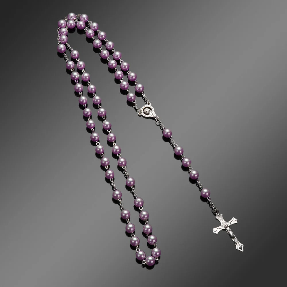 Rosary Beads Cross Necklace – Catholic Virgin Mary Pendant Chain Religious Jewelry Gift for Men & Women Prayer Charm