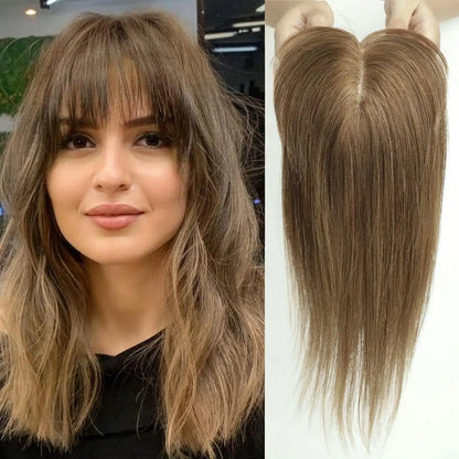 10" Brown Ombre Remy Human Hair Topper – Straight with Bangs, Silk Base, Clip-In Extension for Women