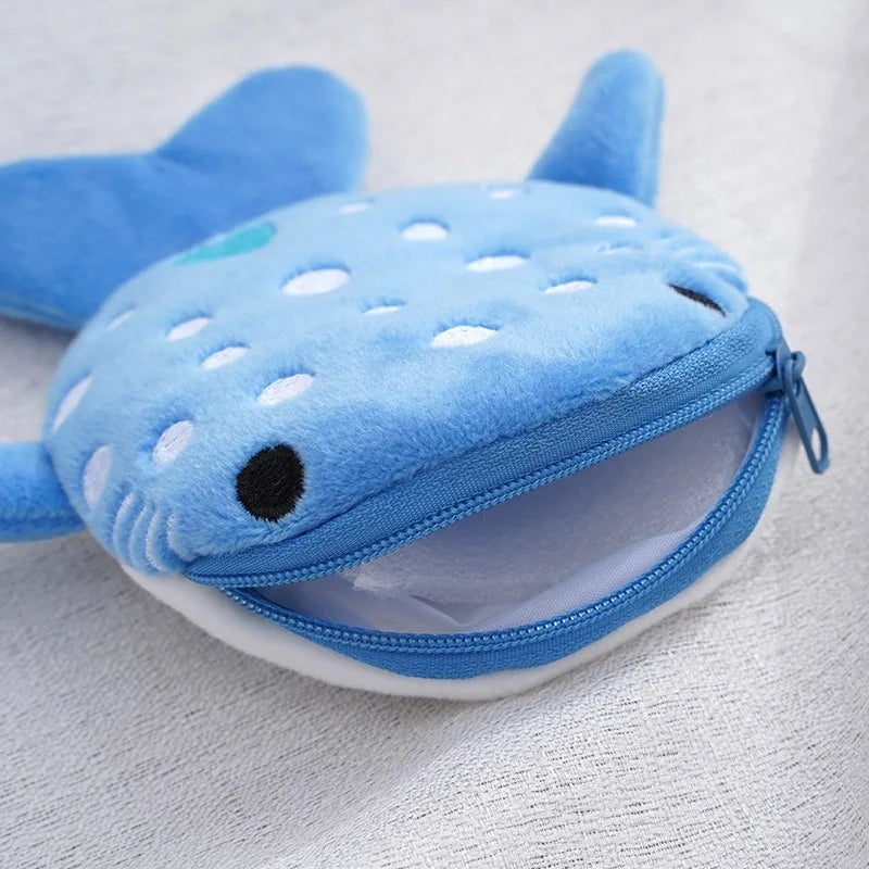 New Cartoon Shark Plush Coin Purse - Cute Zipper Bag with Pendant, Ideal for Data Cables and Small Items