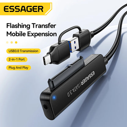 Essager 2-in-1 SATA to USB 3.0/Type-C Adapter – 2.5" HDD & SSD Hard Drive Converter Cable for Fast Data Transfer Disk Enclosure Tool
