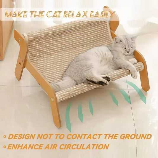 Large Sisal Cat Scratcher Lounge Bed – 2-in-1 Off-Ground Wooden Frame Cat Hammock, Breathable Scratch & Rest Sofa for Cats