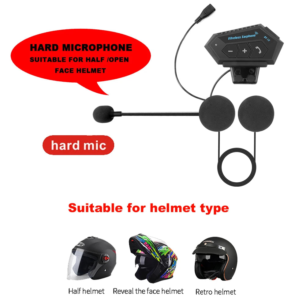 BT12 Motorcycle Helmet Headset - Stereo Bluetooth Earphone, Wireless Hands-Free Mic & Music Player for Motorbike Riders