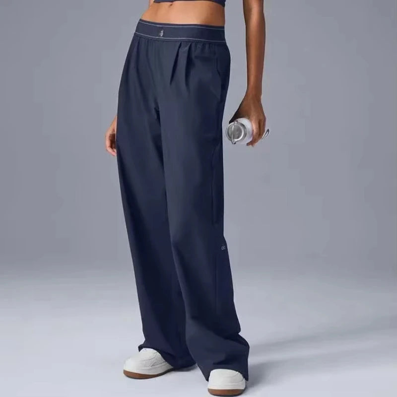 Women’s Summer Sports Yoga Pants – Wide Leg, Elastic Waist, Quick-Dry Black Fitness Trousers
