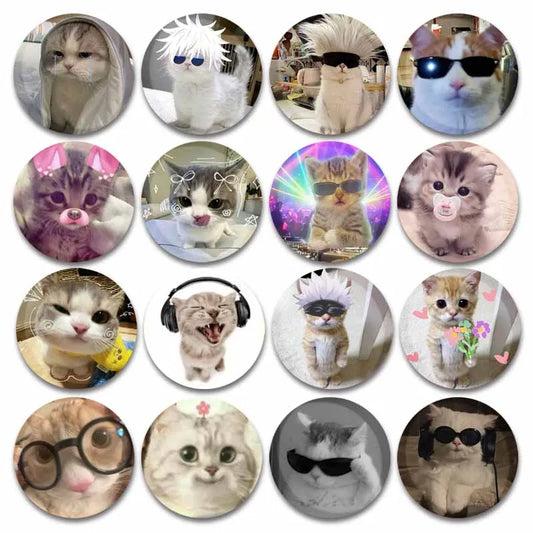 50mm Tinplate Cat Meme Button Pins – Funny Round Brooch Lapel Badge for Hats, Bags & Kids Gifts