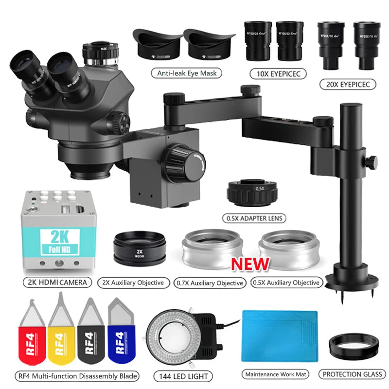 3.5-200X Simul-Focal Stereo Trinocular Microscope Set – 4K/2K/1080P HDMI VGA USB Camera, Clamp & Folding Extension Base