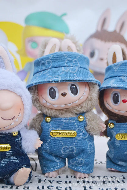 17cm Labubu Doll Clothes – Cowboy Party Outfit with Strap Pants & Fisherman Hat – Only Clothes, Hot Sale