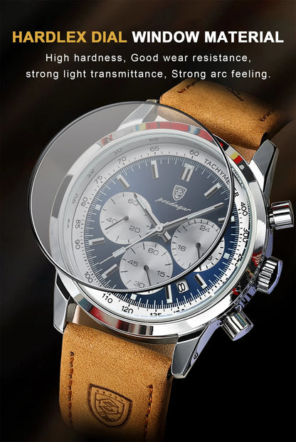 POEDAGAR Men's Luxury Sports Watch – Genuine Leather, Chronograph, Waterproof, Luminous Quartz Wristwatch