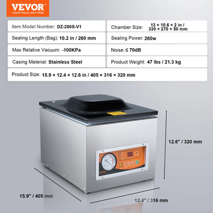SucceBuy DZ-260S Chamber Vacuum Sealer — 260W Vacuum Packing Machine with 10.2" Seal for Wet Foods & Meats, Home Kitchen Use