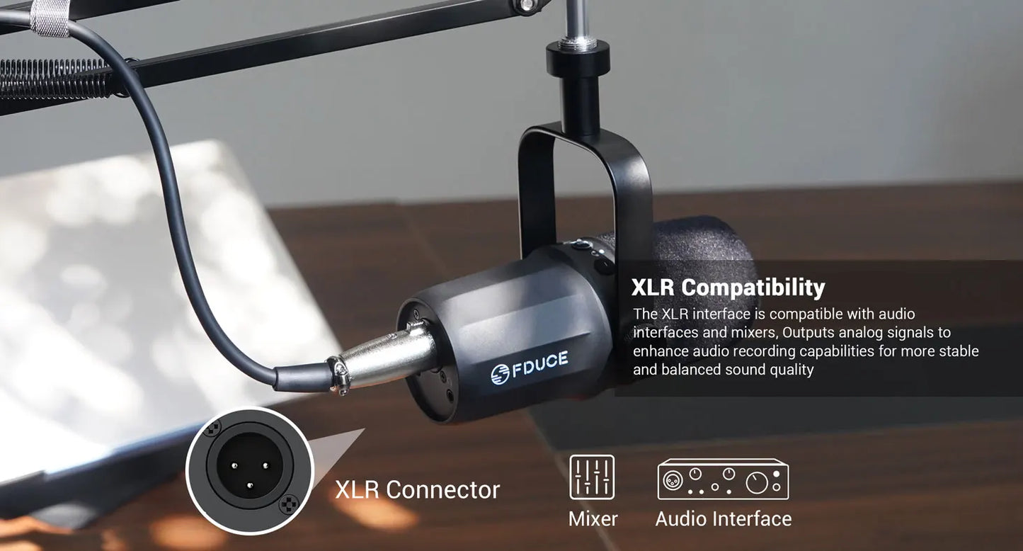 FDUCE SL40+ USB/XLR Dynamic Microphone Kit – Built-in Headset Output, Sound Insulation & Arm Stand for PC, PS5/4, Mixer