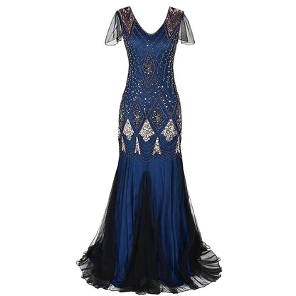 Women’s 1920s Great Gatsby Flapper Dress – Vintage V-Neck Sequin & Bead Long Mesh Maxi Party Prom Gown