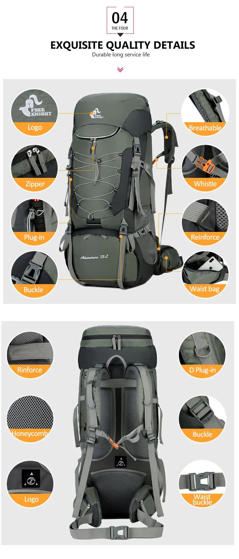 75L Camping & Hiking Backpack with Rain Cover - Outdoor Travel, Trekking & Climbing Rucksack for Men