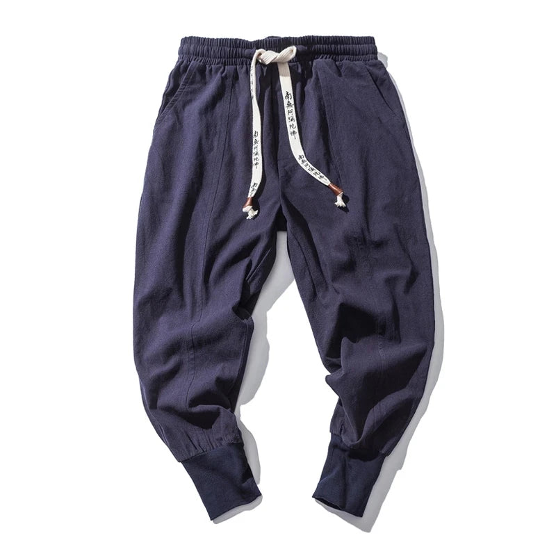 Men’s Cotton Linen Harem Pants – Solid Color Baggy Drop-Crotch Joggers with Elastic Waist Casual Streetwear Trousers