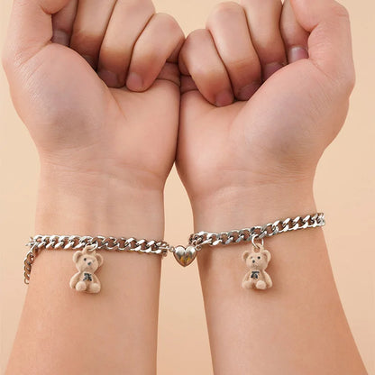 2-Piece Magnetic Couple Bracelet Set - Stainless Steel Heart Charm Cuban Chain Jewelry Gifts