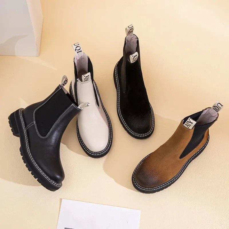 Women’s 2025 Genuine Leather Chelsea Boots – Thick-Soled Autumn Winter Ankle Short Boots