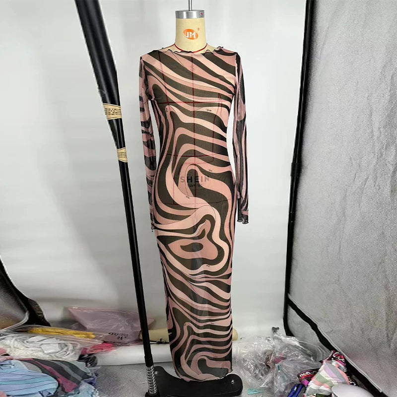 Women’s 2025 Summer Beach Dress – Long Spaghetti Strap O-Neck Dress with Print and Long Sleeves, Fashionable Summer Robe