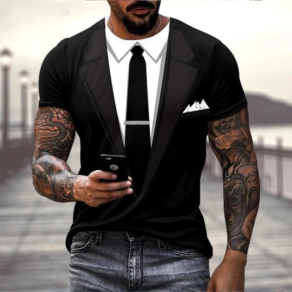 3D Fake Suit T-Shirt - Funny Tailcoat & Bow Graphic Summer Casual Tee