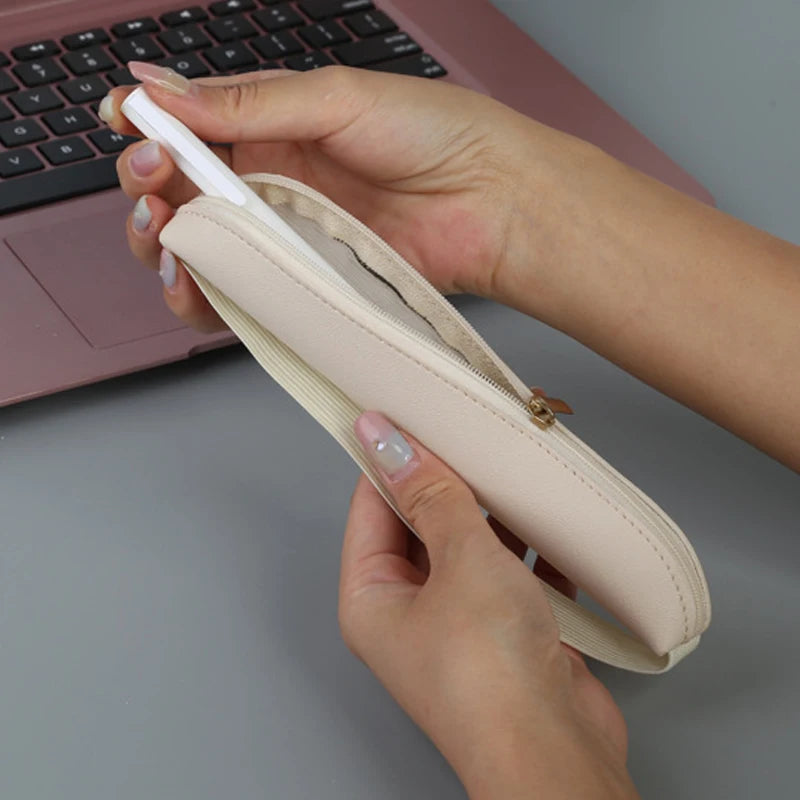 PU Leather Pencil Bag - Portable Multi-Function Storage Pouch with Elastic Band & Pen Clip for Office, Laptop & Notebook