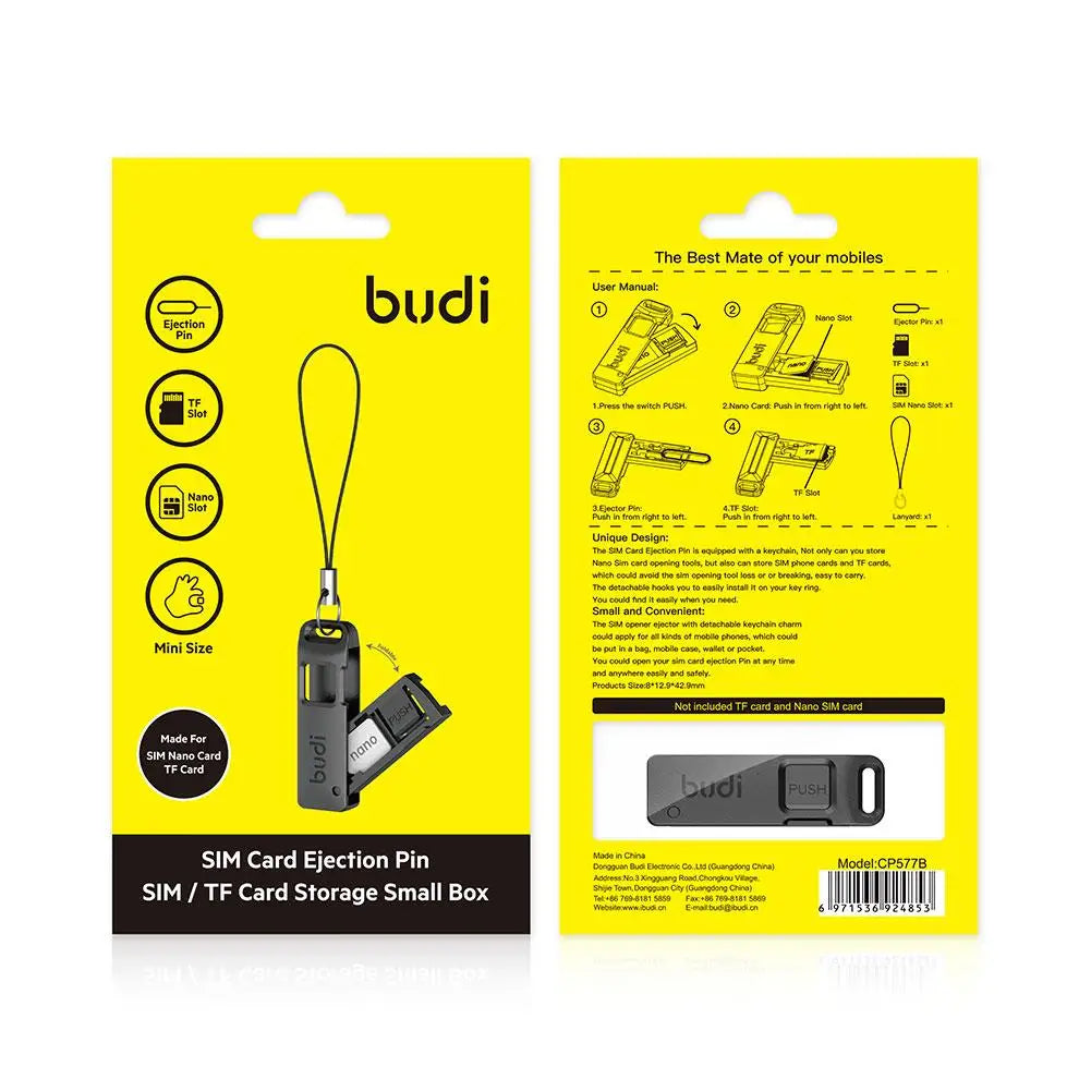 BUDI SIM TF Card Storage Box – Ejector Pin, Anti-Lost Lanyard, Universal SIM Card Tray for Mobile Phones