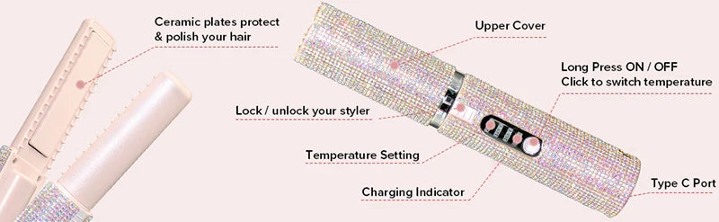 2-in-1 Wireless Hair Straightener & Curler – USB Rechargeable Diamond Design Styling Brush for Travel & Home