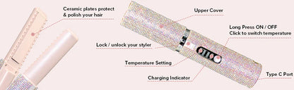 2-in-1 Wireless Hair Straightener & Curler – USB Rechargeable Diamond Design Styling Brush for Travel & Home