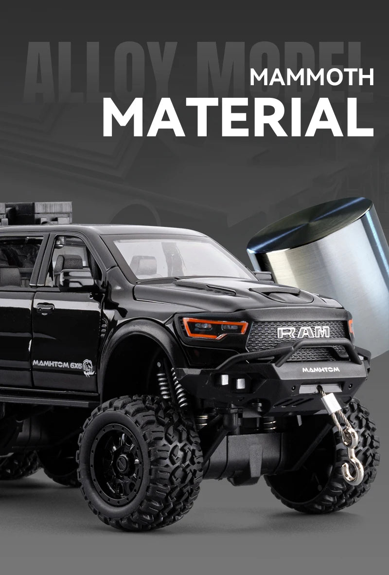 1:24 Dodge Mammoth RAM 1000 TRX 6x6 Diecast Model – Metal Alloy Pickup Toy Car with Lights for Kids & Collectors
