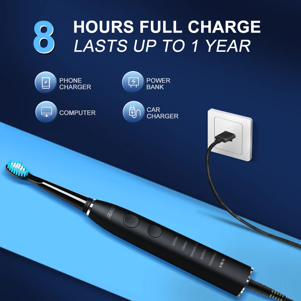 Seago SG-575 Sonic Electric Toothbrush – USB Rechargeable Adult Toothbrush with 4 Replacement Heads, Travel Case & 360-Day Battery Life, IPX7 Waterproof