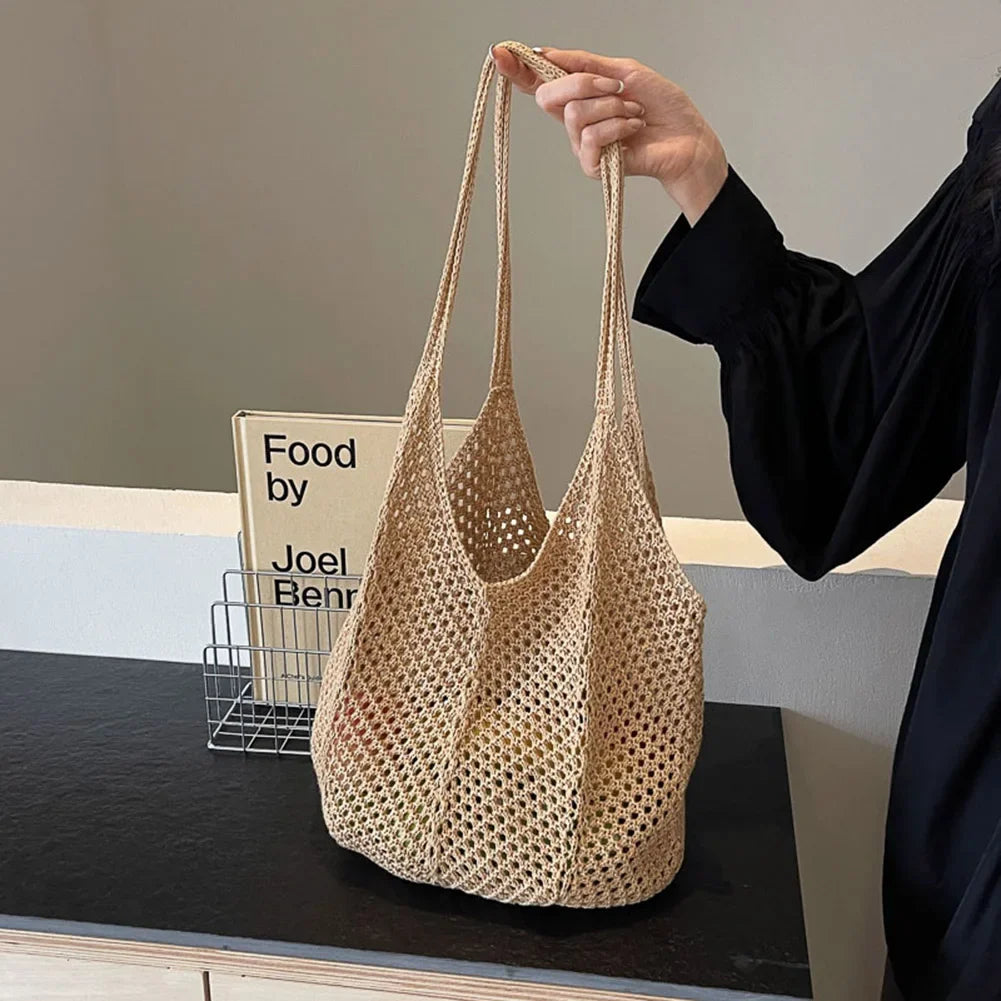 Fashion Women’s Hollow Woven Shoulder Bag – Large Capacity Crochet Tote, Solid Knitting Mesh Handbag for Summer & Beach