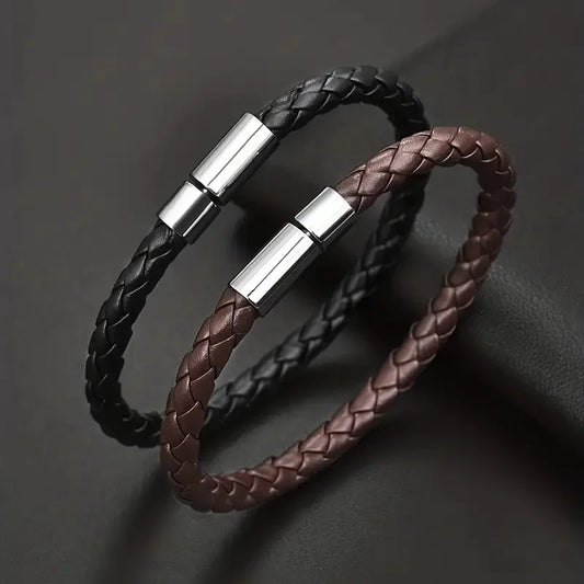 2PCS Men’s PU Leather Magnetic Bracelet Set - Elegant Business Style Gift for Mature & Stylish Men