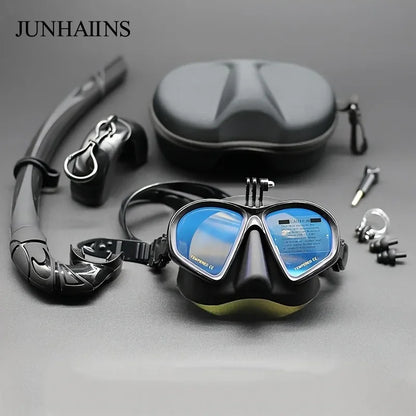 Freediving Mask with Camera Mount - Two-Window Tempered Glass Waterproof Anti-Fog Snorkeling Mask