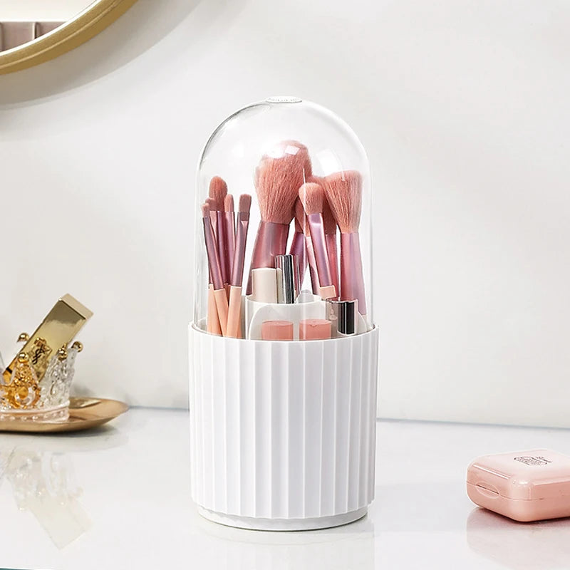 360° Rotating Makeup Brush Holder with Lid – Organizer for Vanity, Desktop, Countertop & Dresser Table