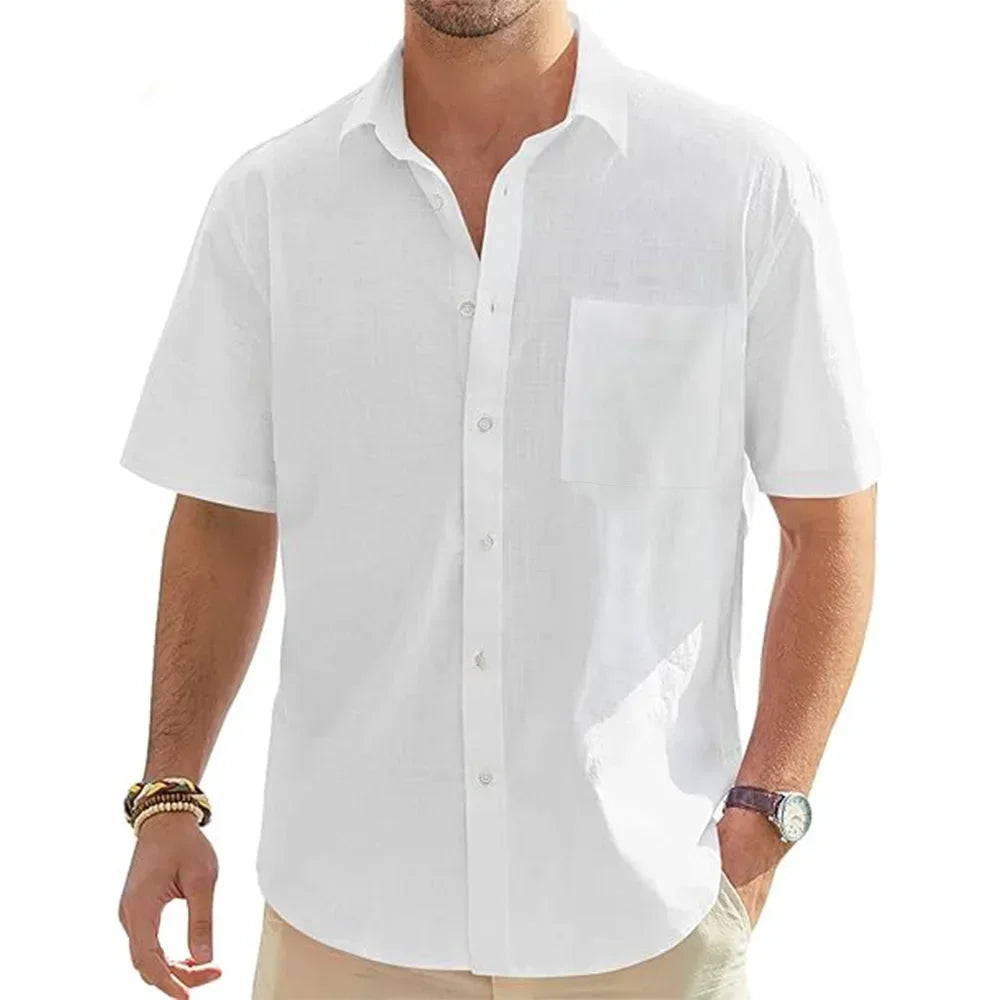 Men’s Cotton Linen Short Sleeve Shirt - Lightweight Casual Beach Vacation Button Top with Pocket