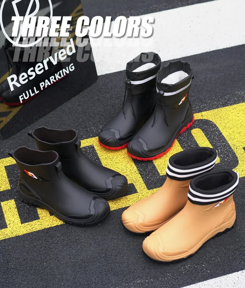 Men’s Ankle-High Fleece-Lined Rain Boots – Waterproof, Anti-Slip, Wear-Resistant Work & Fishing Shoes