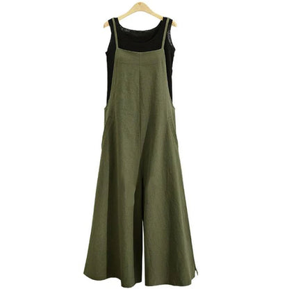 Women’s Summer Wide Leg Jumpsuit Overalls – Solid Color Sleeveless Cotton Linen Bib Dungaree, Casual Loose Fit Plus Size 5XL