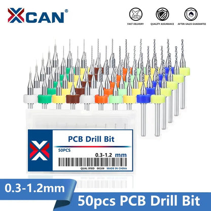 XCAN PCB Drill Bit Set – 50pcs 0.3-1.2mm Carbide Bits with 1/8" Shank for Micro Gun PCB Circuit Board Drilling