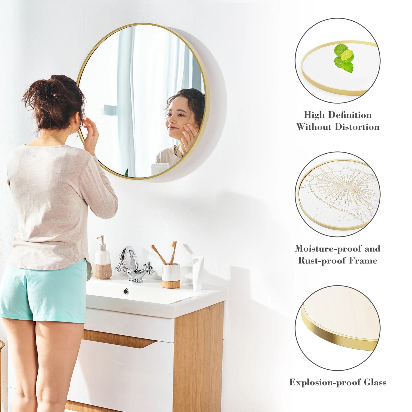 Large 30" Round Wall Mirror – Gold Matte Metal Frame Vanity Mirror with Tempered Glass for Bedroom & Living Room