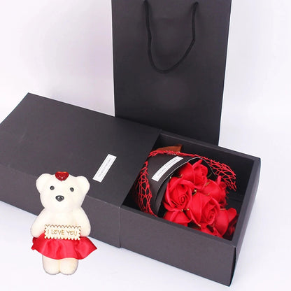 Handmade 7 Rose Soap Bouquet with Little Bear Gift Box – Creative Valentine’s, Mother’s Day & Birthday Flower Gift