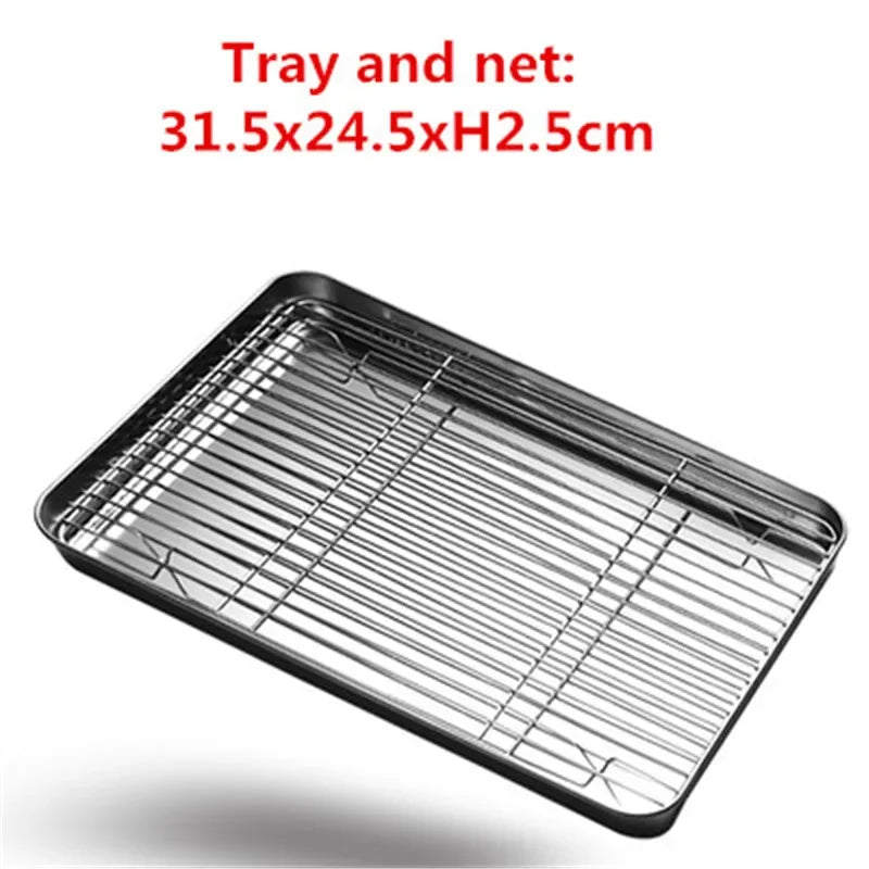 304 Stainless Steel Baking Tray with Wire Rack — Cake, BBQ, Oven, Roasting & Grilling Pan Tool
