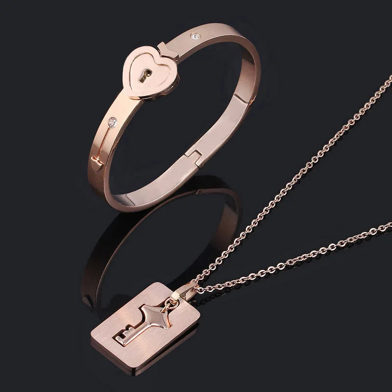 Couple Stainless Steel Love Lock Bracelet with Key Pendant Necklace – Romantic Jewelry Gift for Men and Women