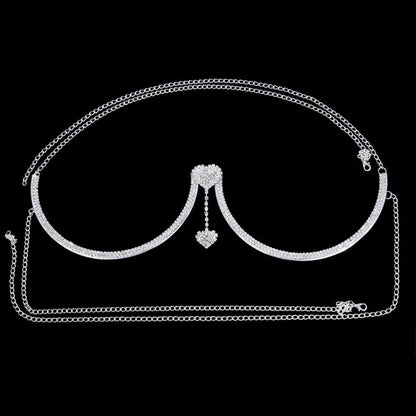 Women’s Heart Rhinestone Body Chain Bra – Chest Jewelry Bikini Halter Top with Breast Support for Parties & Banquets