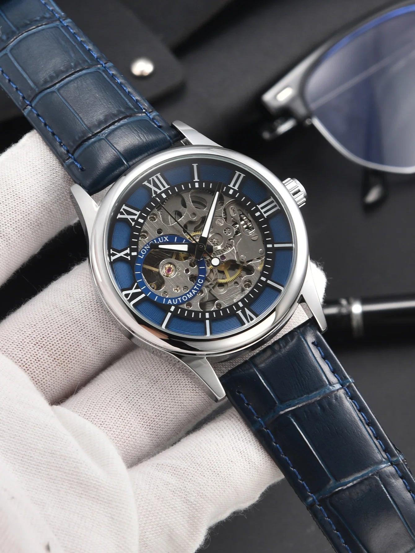 LONGLUX Rome Automatic Mechanical Waterproof Men’s Watch – Hollow Dial Leather Wristwatch Gift