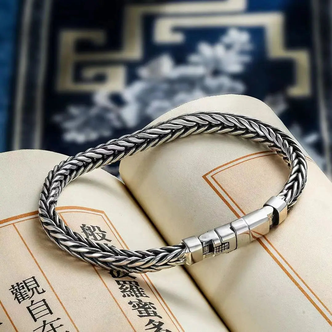 100% S925 Sterling Silver Handmade Woven Bracelet — Retro Domineering Style for Men & Women, Pure Silver Jewelry