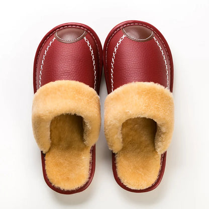 Men’s Winter Leather Slippers — Waterproof, Thick Velvet Cotton Indoor Home Shoes, Warm Bedroom Footwear