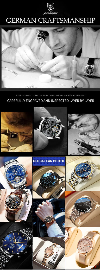 POEDAGAR Men's Luxury Sports Watch – Genuine Leather, Chronograph, Waterproof, Luminous Quartz Wristwatch