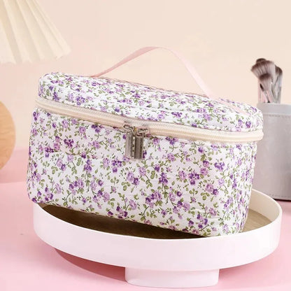 Cotton Floral Cosmetic Pouch – Dual Zipper Makeup Organizer, Portable Travel Storage & Wash Bag