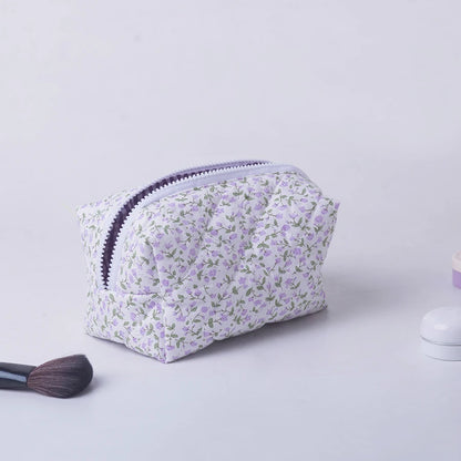 Floral Puffy Quilted Makeup Bag — Large Travel Cosmetic Organizer Pouch with Flower Print for Makeup Accessories