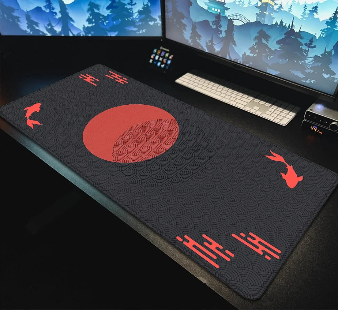 Japanese XXL Desk Mat 90x40 — Black & Red Koi Fish Gaming Mouse Pad, Sunrise Art Rubber Mousepad