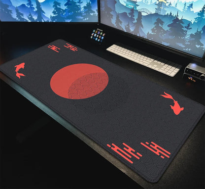 Japanese XXL Desk Mat 90x40 — Black & Red Koi Fish Gaming Mouse Pad, Sunrise Art Rubber Mousepad