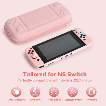Pink Carrying Case for Nintendo Switch – Portable Travel Handbag with Screen Protector, Thumb Grip Cap, and Game Accessories Cover